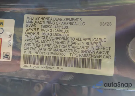 2023 Honda Accord Ex z USA, uszkodzony, nr VIN 1HGCY1F31PA020650